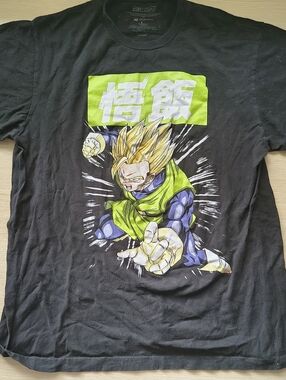 Men's Short Sleeve Black Graphic Tee with Neon Green Accent Dragonball Z Gohan